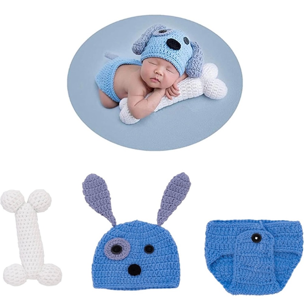 Blue Baby Puppy Crochet Matching Set - Hat, Diaper Cover & Toy